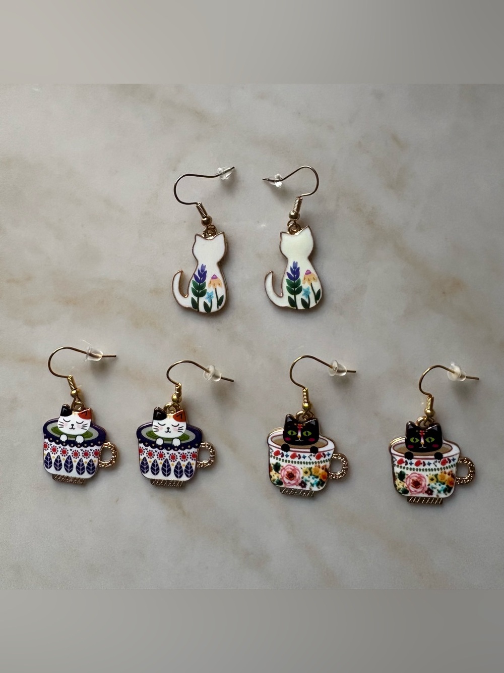 Cute Cat Floral Dangle Bundle Earrings - White and Multicolor